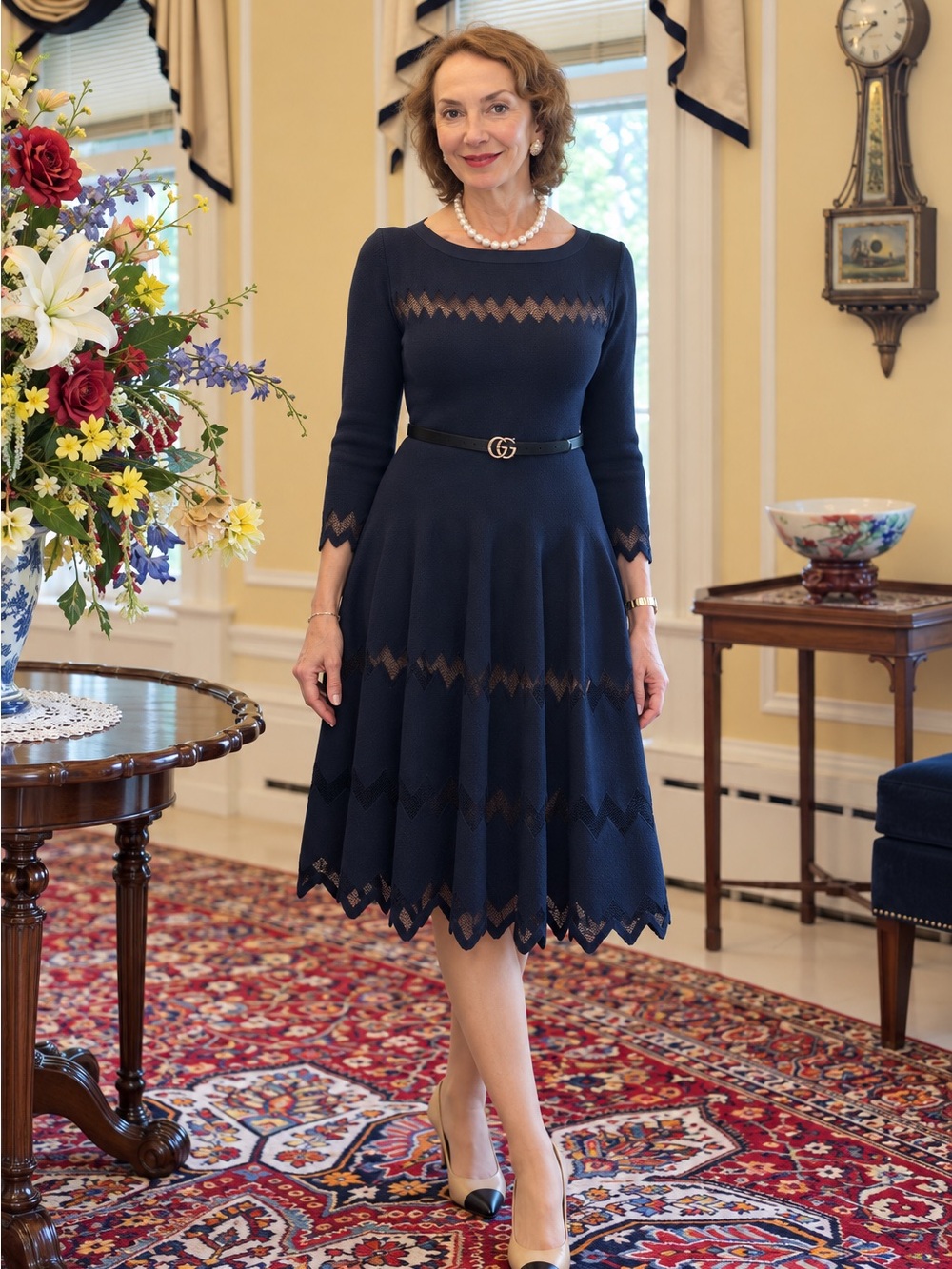 ALAÏA Navy Blue Openwork Knit Fit & Flare Midi Dress Size 44 Italy